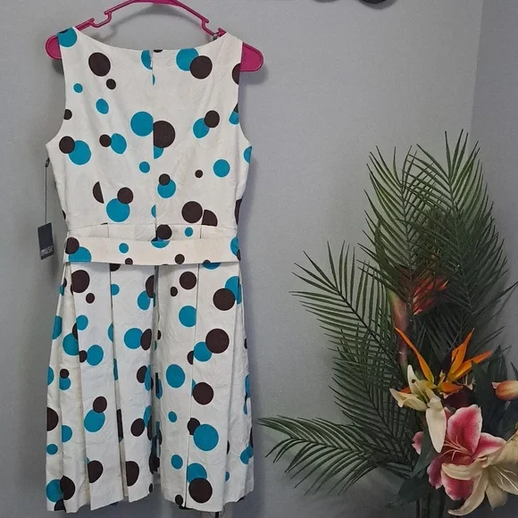 Muse White Dress Turquoise Brown Polka Dots Matching Belt Size 6 - Picture 8 of 8
